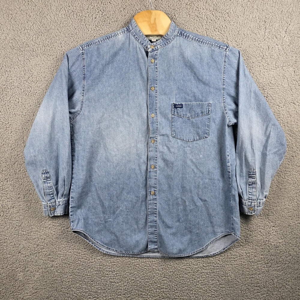 Vintage Guess Shirt Mens Medium Blue Denim Band Collar‎ Button Hong Kong 90s